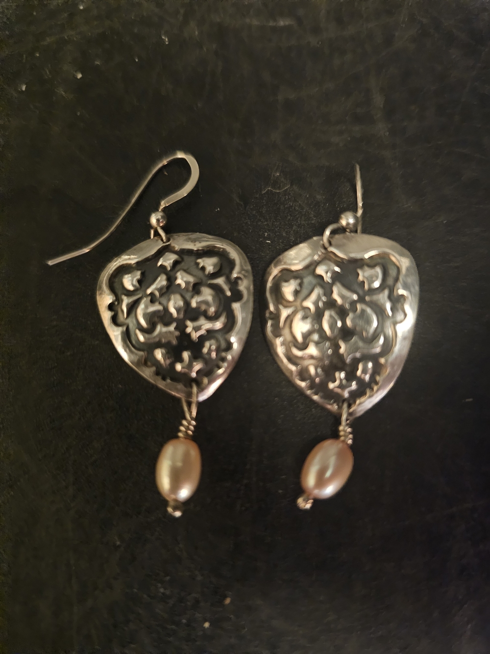 Unique Vintage Sterling Silver Filigree Heart Earrings with Peach Pearl Drops